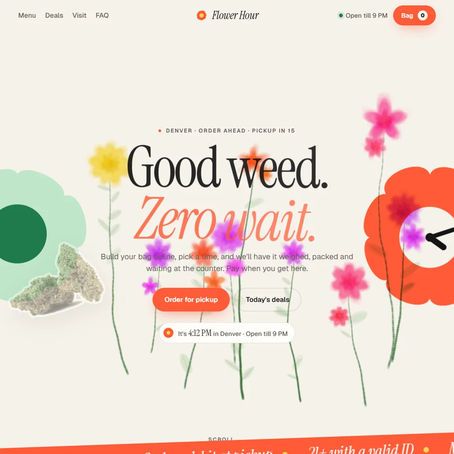 Flower Hour website design: the headline Good weed, zero wait between two big flat flowers and photo stickers of cannabis buds