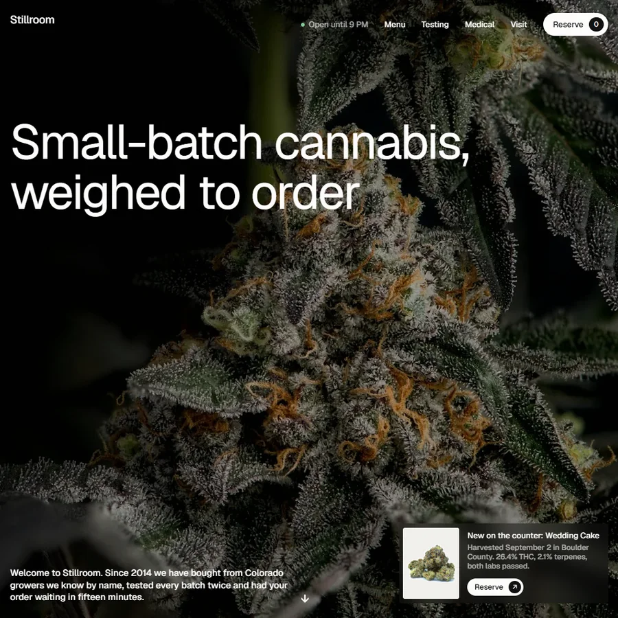 Stillroom website design: the headline Small-batch cannabis, weighed to order over a dark close-up of a cannabis flower