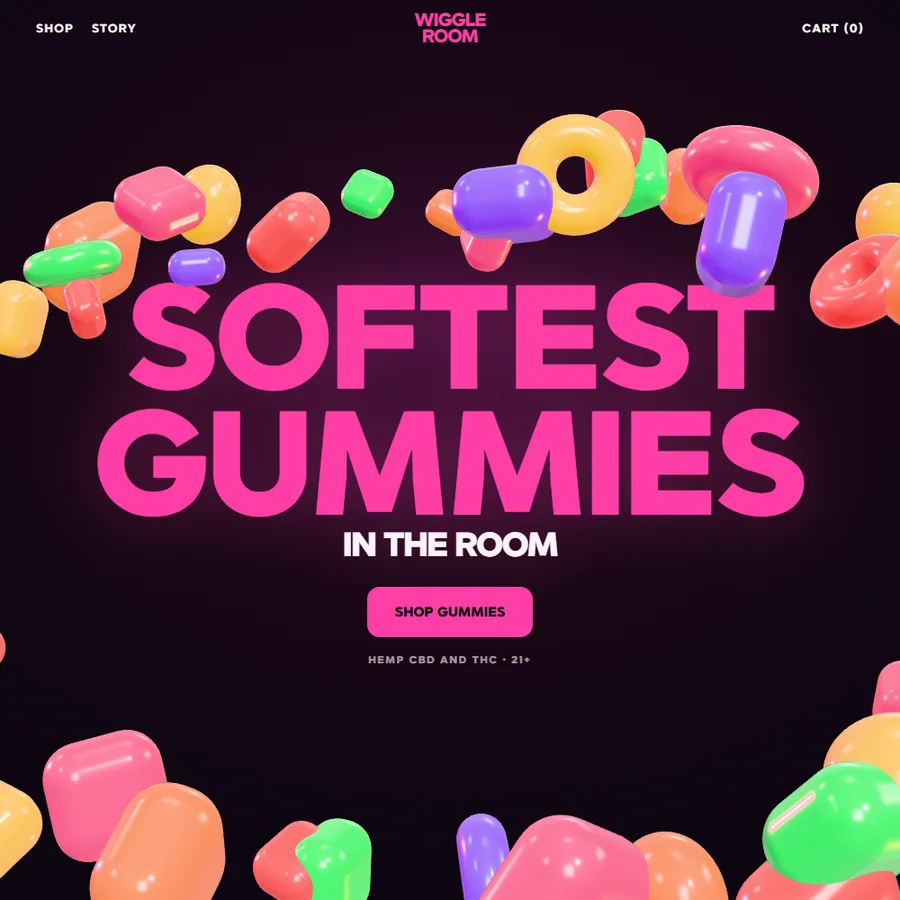 Wiggle Room website design: glossy 3D gummies orbiting the headline Softest Gummies on a dark background