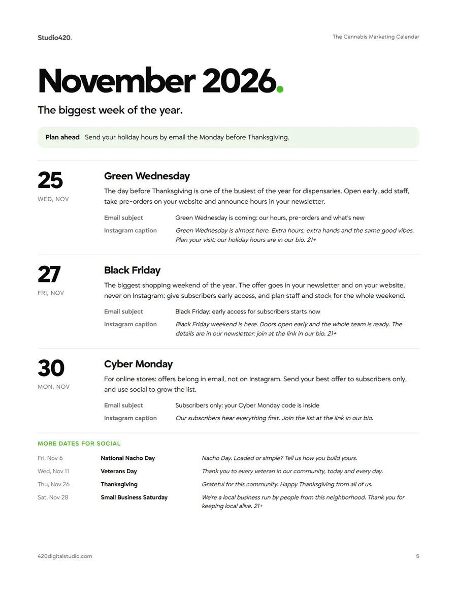 The November 2026 page: Green Wednesday, Black Friday and Cyber Monday, each with a campaign idea, an email subject line and an Instagram caption