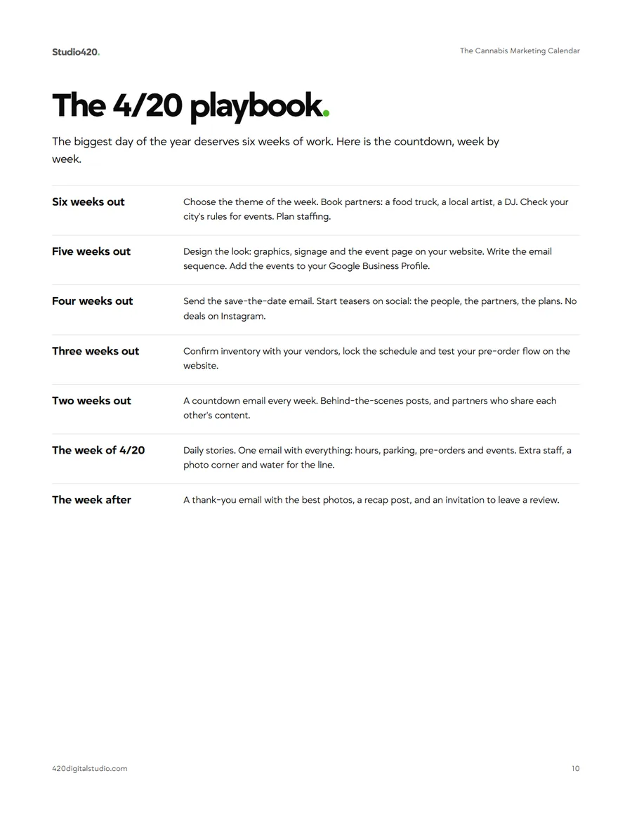 The 4/20 playbook page of the calendar: six weeks of work, week by week