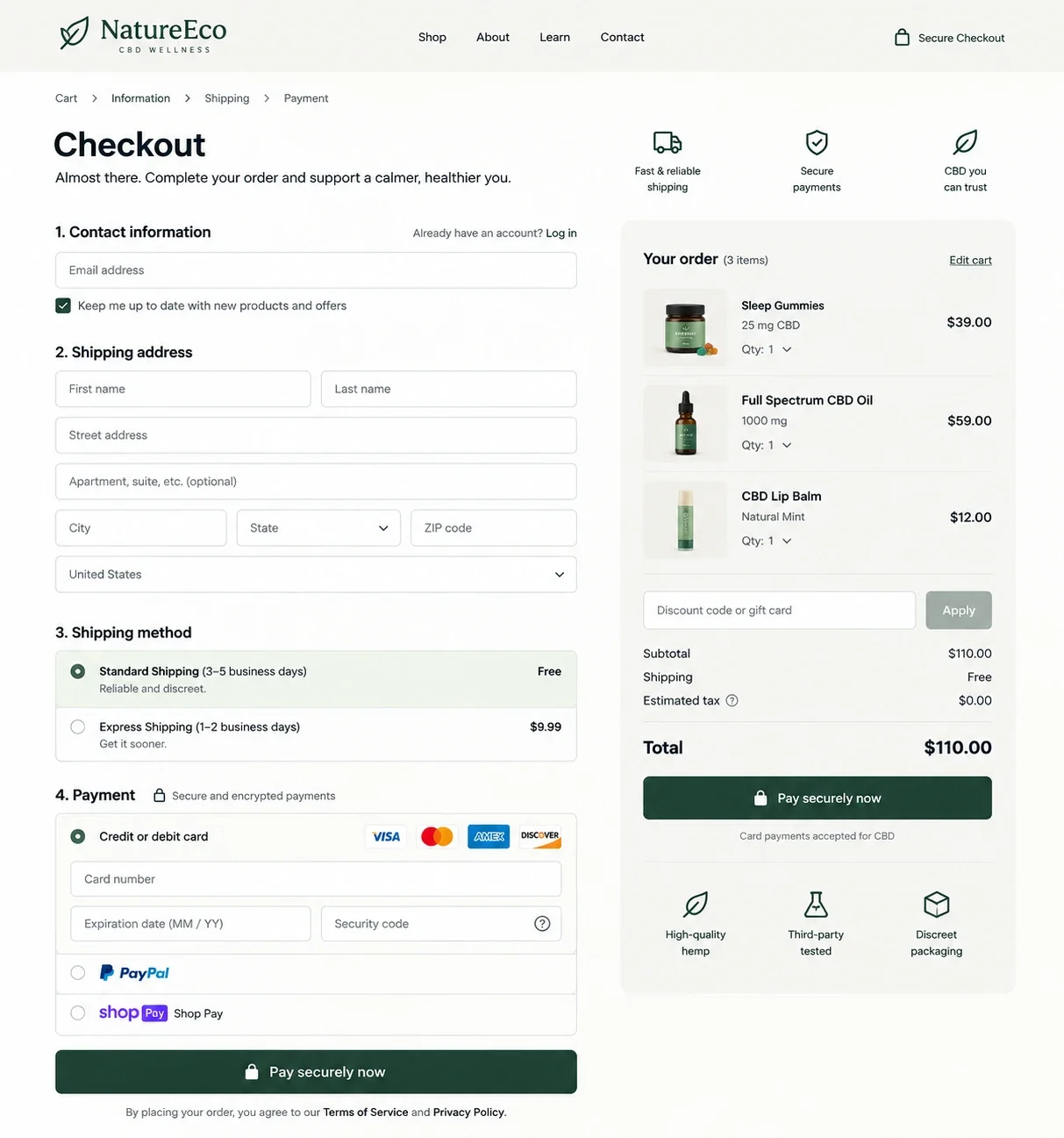 A one-page checkout for a CBD store: contact, shipping address, delivery method, card payment and the order summary