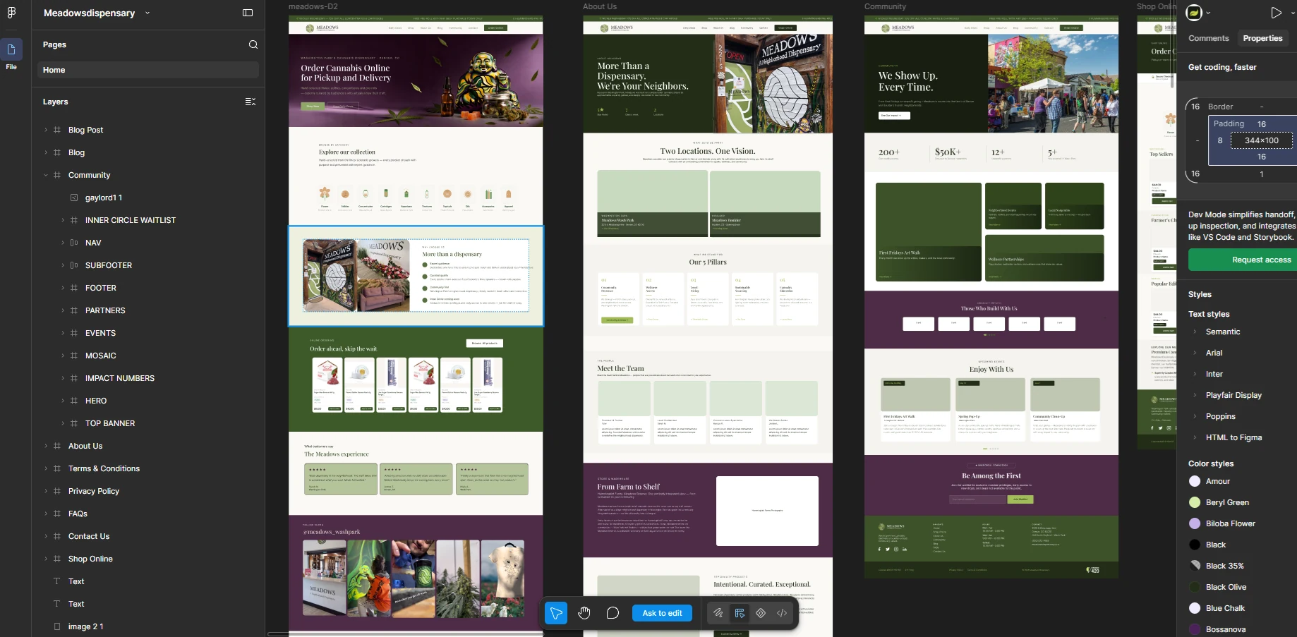 The Meadows dispensary website open in Figma, with its home, about, community and shop pages