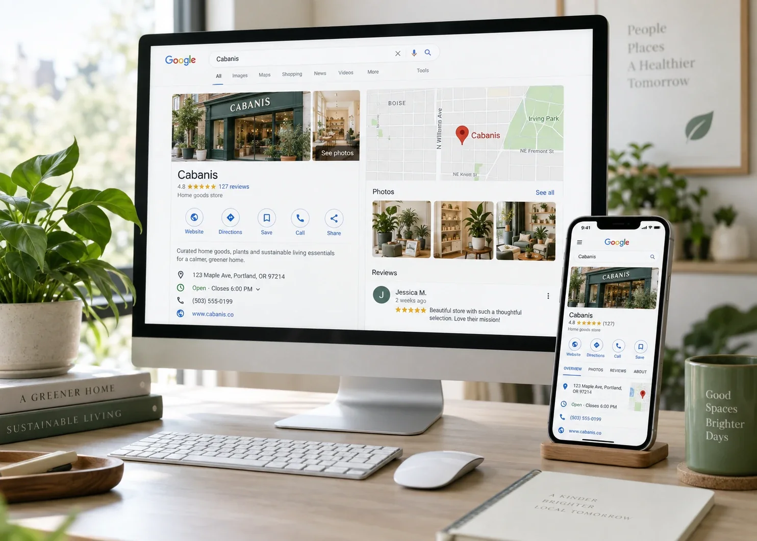 A Google Business Profile on a desktop and a phone, with photos, reviews, hours and directions