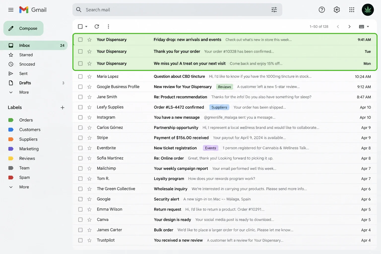 A Gmail inbox with three emails from the dispensary at the top: the Friday drop newsletter, a thank-you for an order and a come-back offer