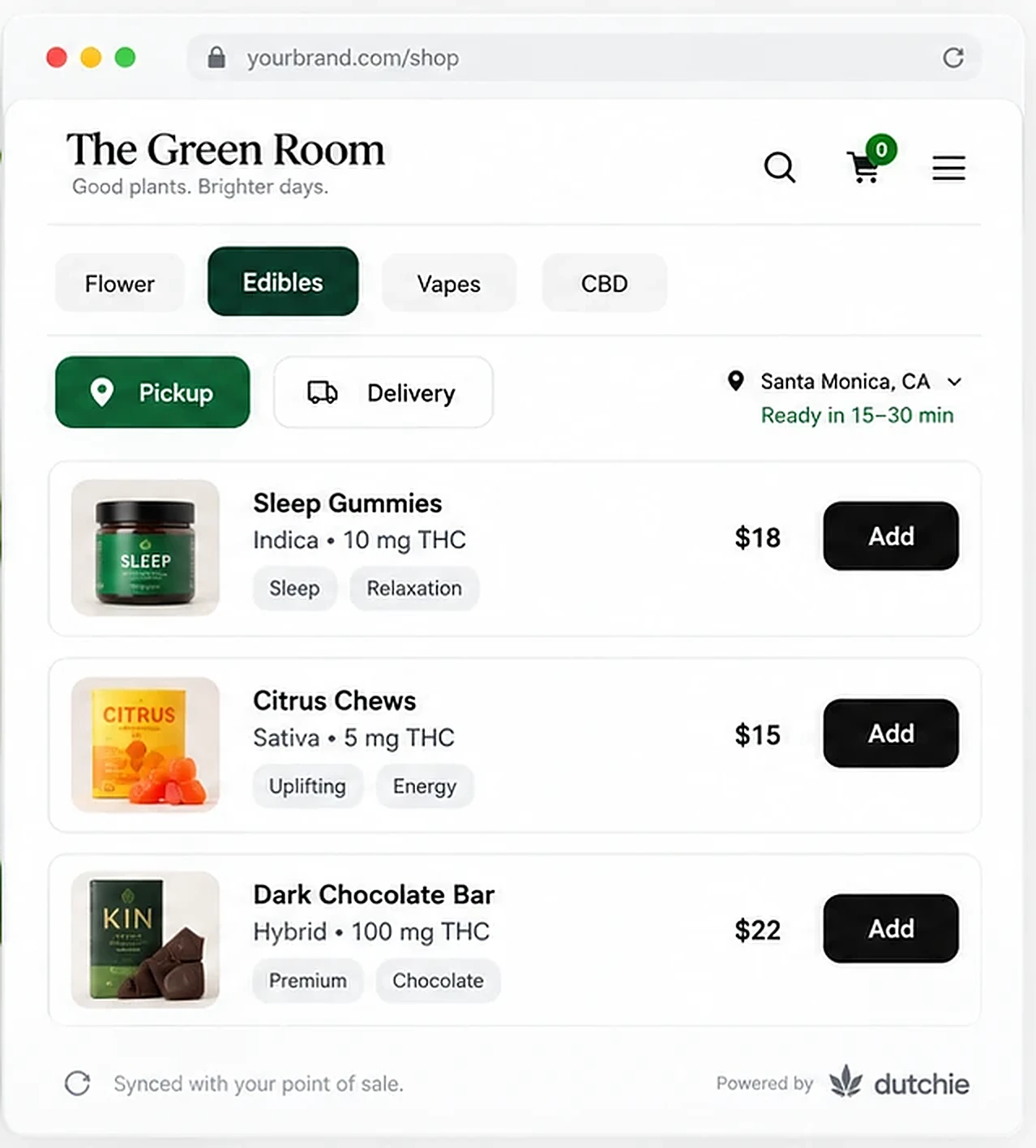 A dispensary menu on a website, powered by Dutchie, with pickup or delivery and edibles ready to add to the cart