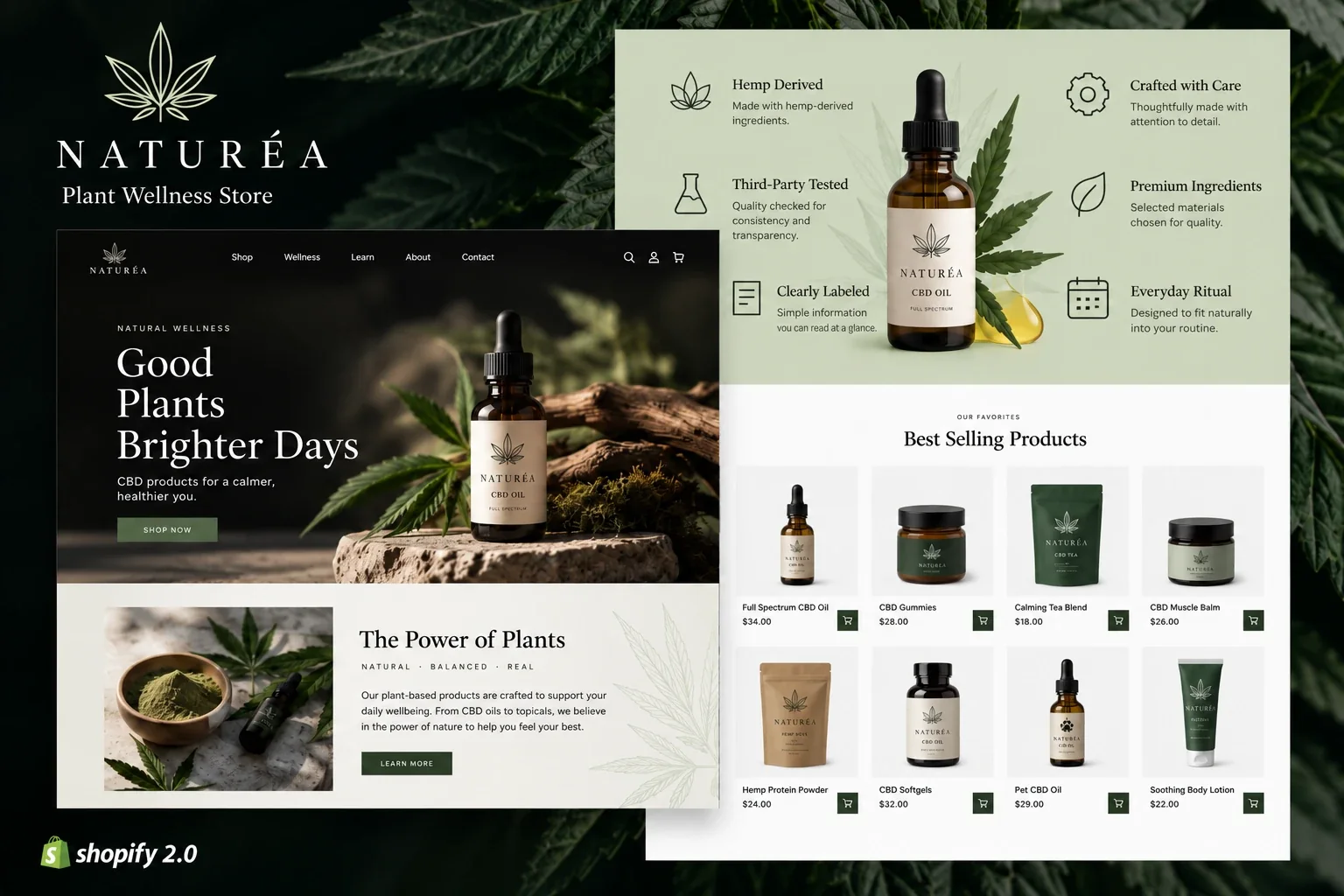 Naturéa, a CBD store on Shopify: the home page, what goes into its CBD oil and a grid of best selling products