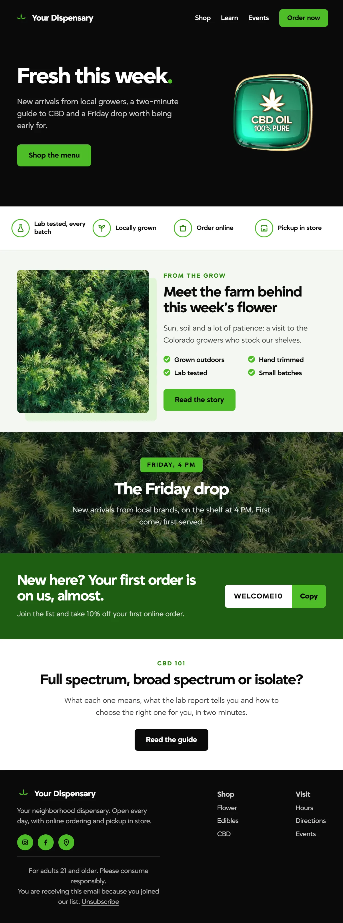 An example newsletter for a dispensary, with this week’s arrivals, a Friday drop, a first order offer and a CBD guide