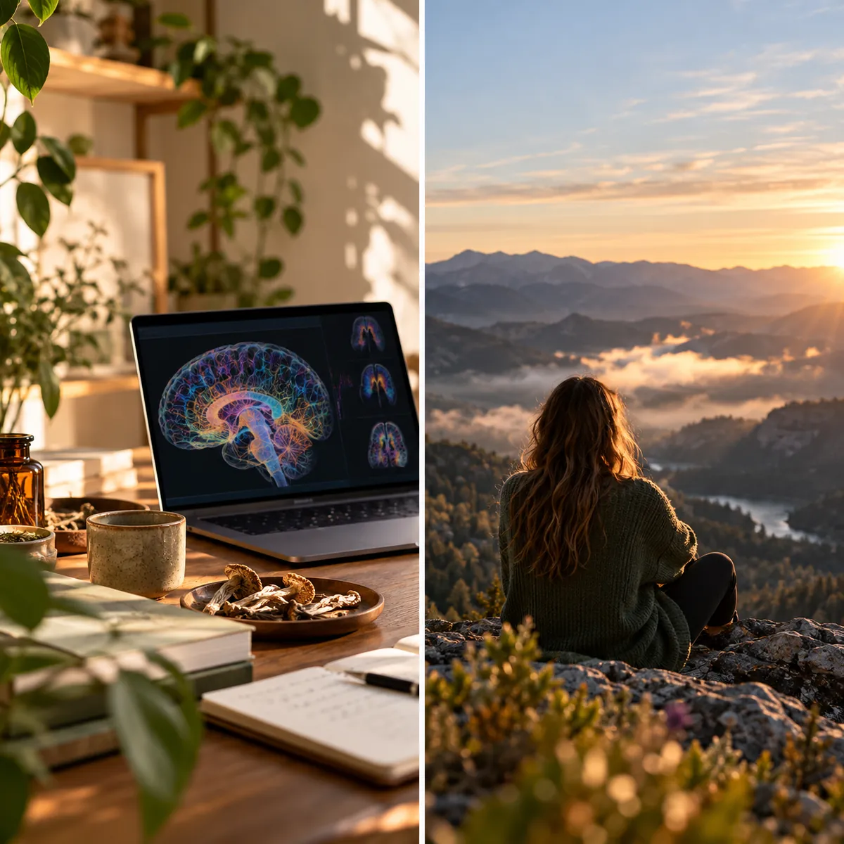 A brain scan on a laptop next to dried mushrooms and a notebook, and a woman watching the sunrise from a mountain