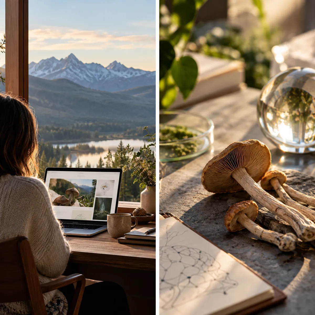 A woman reading about psilocybin on her laptop by a mountain lake, and mushrooms beside a notebook with a sketch of the brain