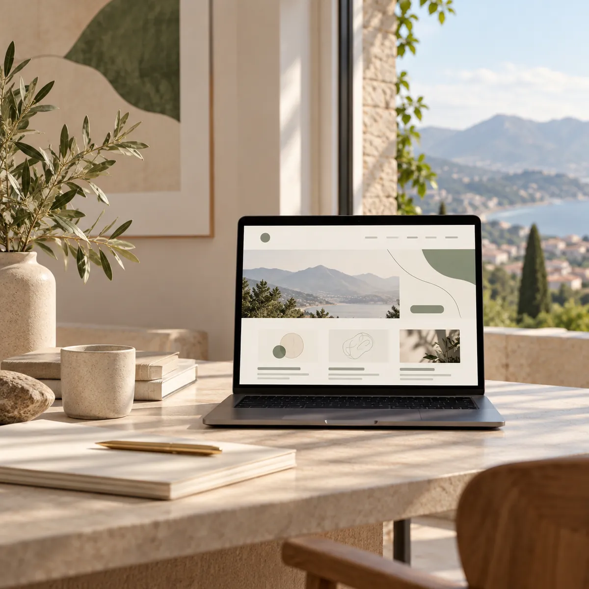 A calm wellness website open on a laptop on a sunny table, next to an olive plant