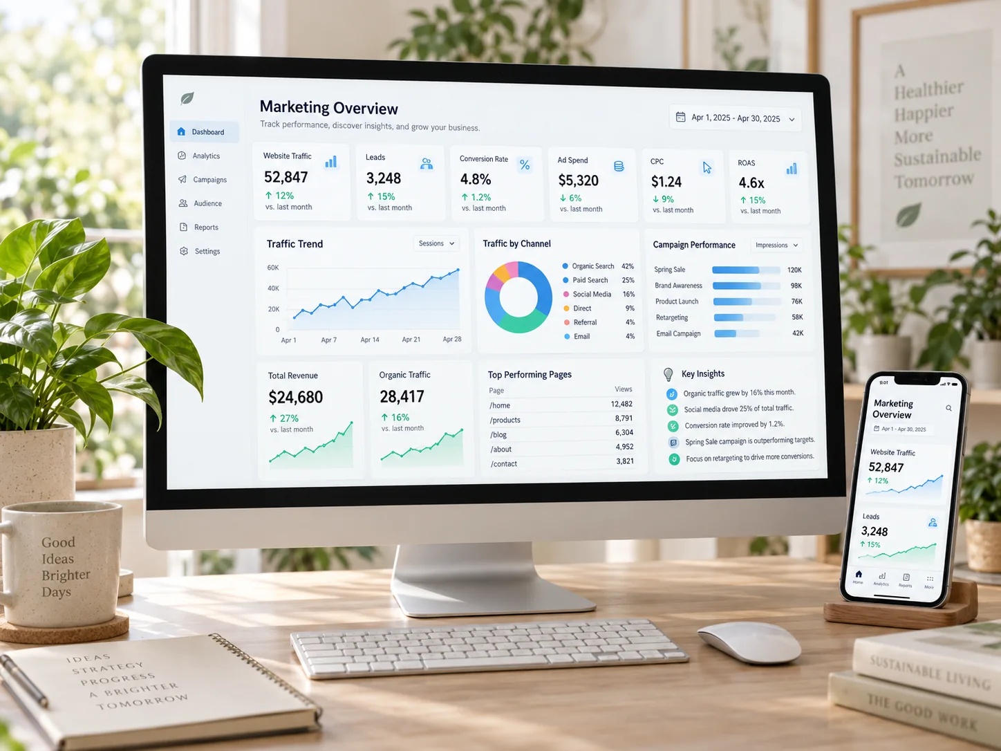 A marketing overview dashboard on a desktop monitor and a phone: website traffic, leads, conversion rate and results by channel