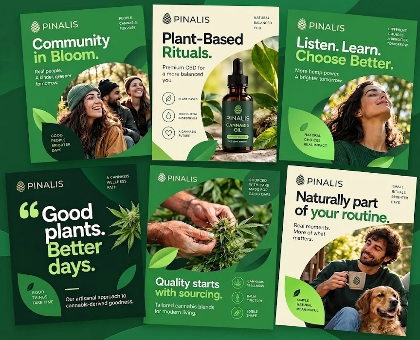 Six social media posts for a CBD wellness brand in greens: people outdoors, a CBD oil bottle and hemp plants