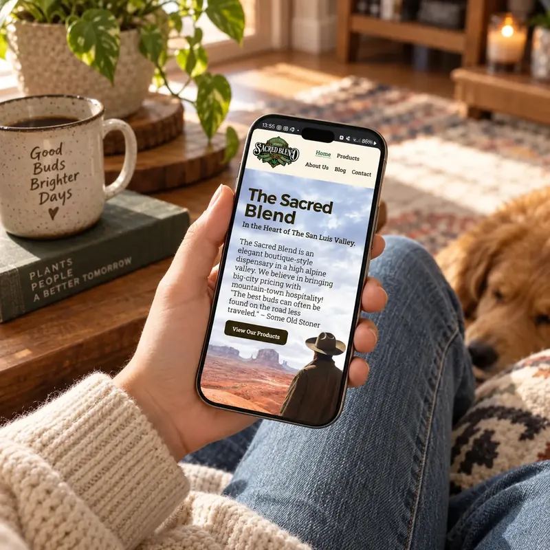 The Sacred Blend website on a phone held in one hand