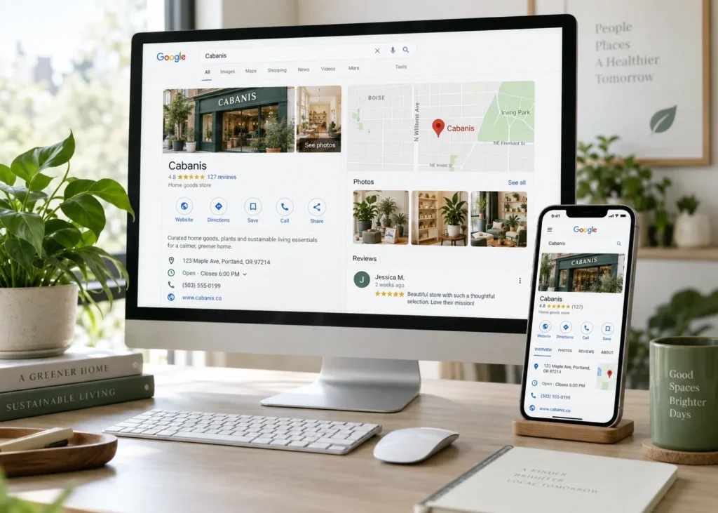 A dispensary's Google Business Profile on a desktop and a phone, with photos, reviews, hours and directions