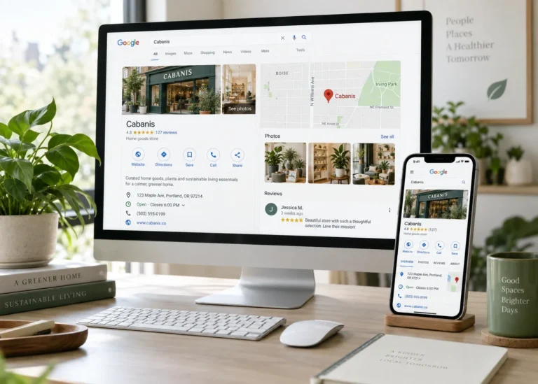 A dispensary's Google Business Profile on a desktop and a phone, with photos, reviews, hours and directions