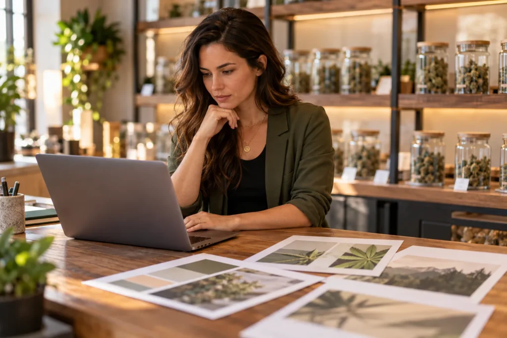 Cannabis advertising laws: a dispensary owner reviews an ad plan on a laptop at the counter, with blank ad proofs and jars of cannabis flower behind