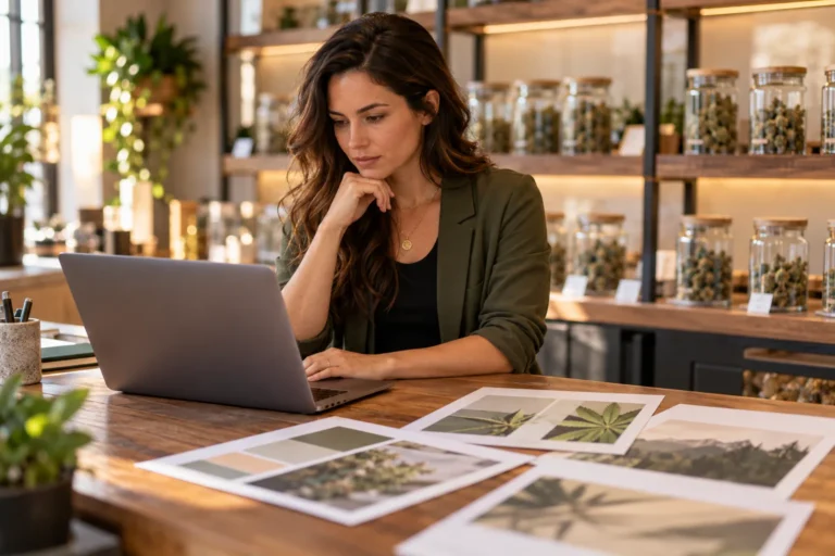 Cannabis advertising laws: a dispensary owner reviews an ad plan on a laptop at the counter, with blank ad proofs and jars of cannabis flower behind