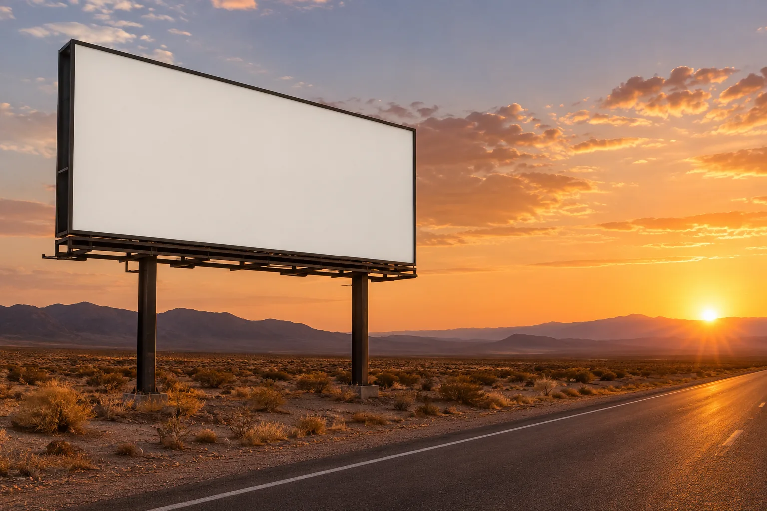 A blank billboard beside a desert highway at sunset, the kind of placement many states limit for cannabis ads