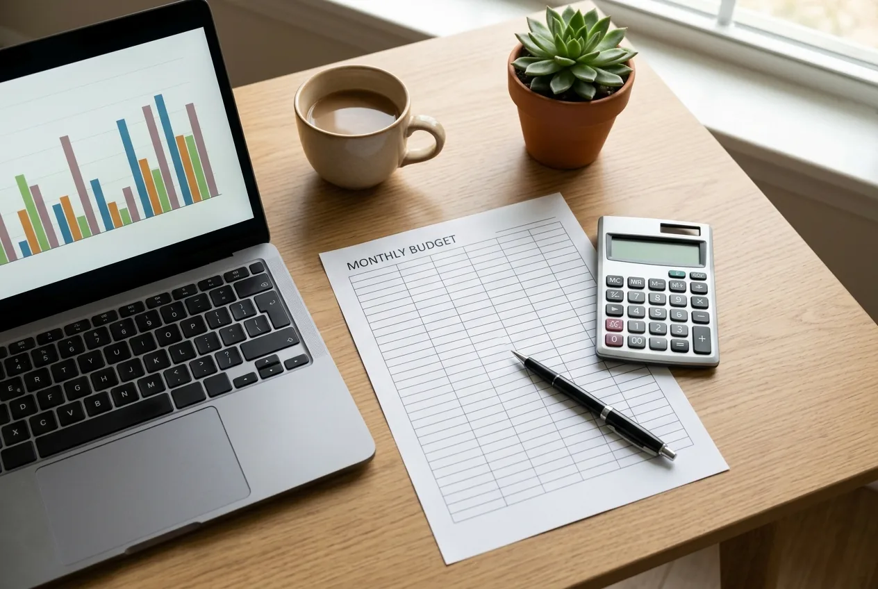 How to choose a cannabis marketing agency starts with a budget: a monthly budget sheet, a calculator and a laptop with a simple chart