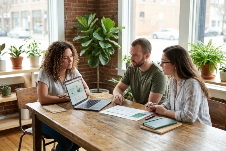 How to choose a cannabis marketing agency: a dispensary owner and two strategists review a website design and a marketing plan at a studio table