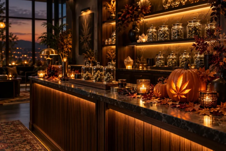 Dispensary Halloween marketing: a dispensary counter decorated with carved pumpkins, candles and autumn leaves next to jars of cannabis flower