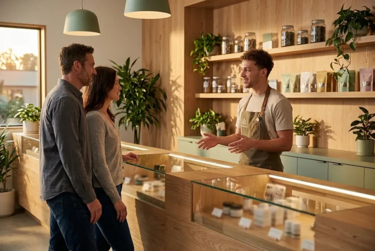 Dispensary marketing: a budtender helps two adult customers at the counter of a modern dispensary