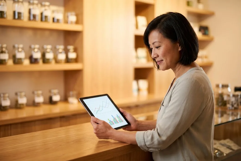 A dispensary manager reviews monthly marketing results on a tablet behind the store counter