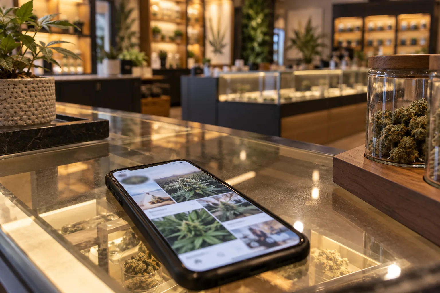 A phone on a dispensary counter showing a social feed, with the store softly out of focus behind it