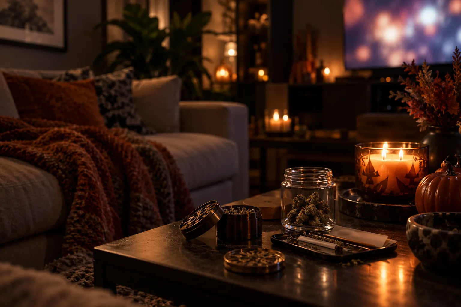 A Halloween movie night at home with a blanket, a candle, a grinder, rolling papers and a small jar of cannabis flower
