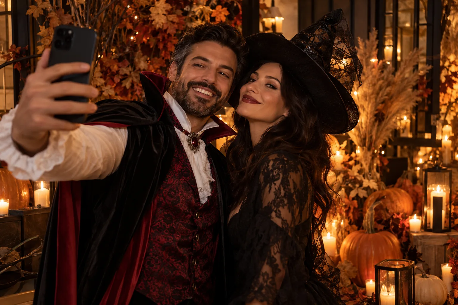 A Halloween photo corner in a dispensary with pumpkins and string lights, where two adults in costume take a photo